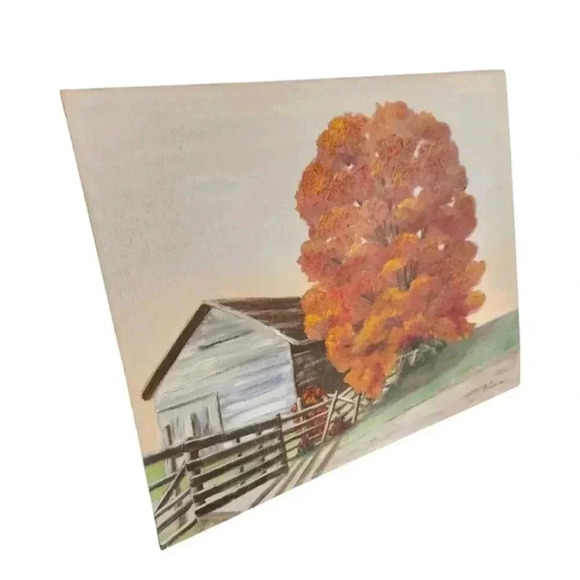 Vintage Mid-Century Painting Fall Autumn Landscape Barn Tree Signed 20x16 in - Picture 3 of 14
